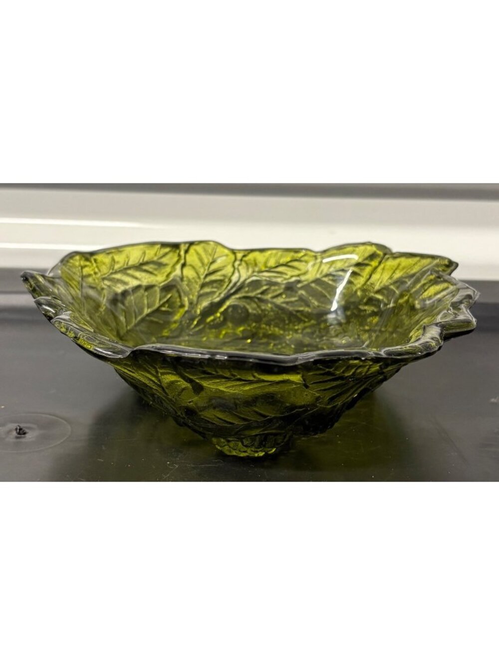 Vintage Indiana Green Glass Candy Bowl Serving Dish Loganberry Leaf Pattern